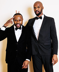 Image showing two afro-american businessmen in black suits emotional posing, g
