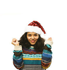 Image showing cute young real african hipster girl in santas red hat isolated 