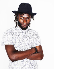 Image showing young handsome afro american boy in stylish hipster hat gesturin