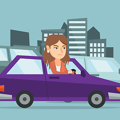 Image showing Angry caucasian woman in car stuck in traffic jam.