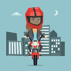 Image showing Caucasian woman riding a motorcycle at night.