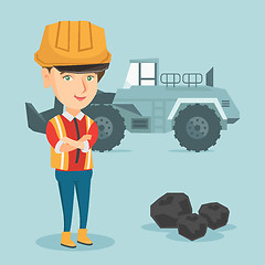 Image showing Miner standing on the background of an excavator.