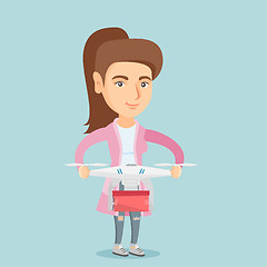 Image showing Woman controlling delivery drone with post package