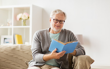 Image showing senior man on sofa reading book at home