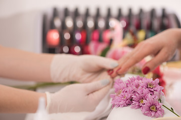 Image showing Woman hands receiving a manicure