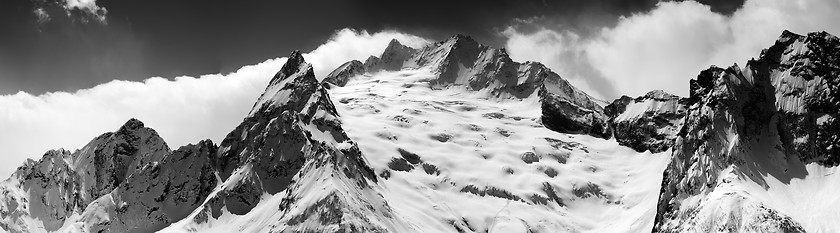 Image showing Black and white panorama of snow maintain at winter