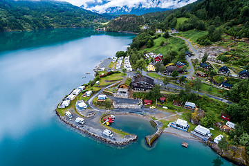 Image showing Beautiful Nature Norway Aerial view of the campsite to relax.