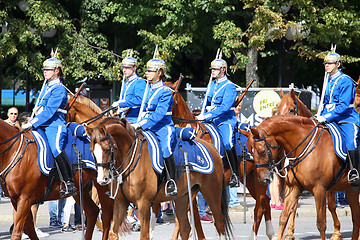 Image showing STOCKHOLM, SWEDEN - AUGUST 20, 2016: Swedish Royal Guards on hor