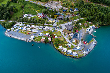 Image showing Beautiful Nature Norway Aerial view of the campsite to relax.