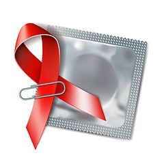 Image showing Red ribbon with a condom