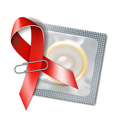 Image showing Red ribbon with a condom