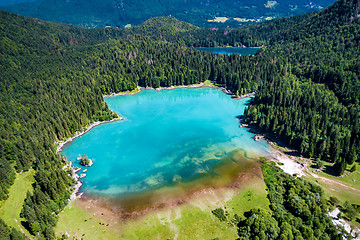 Image showing Lake Lago di Fusine Superiore Italy Alps. Aerial FPV drone fligh