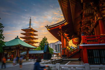 Image showing Hondo and pagoda at sunset in Senso-ji temple, Tokyo, Japan