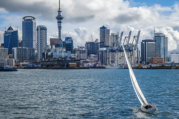 Image showing Auckland view from the sea and sailing ship, New Zealand