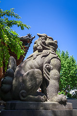 Image showing Lion statue in Ushijima Shrine temple, Tokyo, Japan