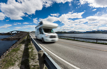 Image showing Norway. Caravan car travels on the highway.