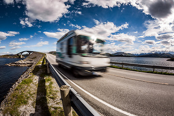 Image showing Norway. Caravan car travels on the highway.