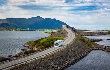 Image showing Tourist bus traveling on the road in Norway