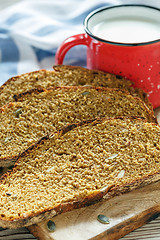 Image showing Slices of pumpkin bread and a mug of milk.