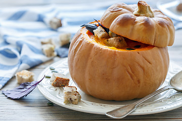 Image showing Pumpkin soup with croutons.