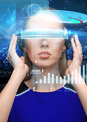 Image showing woman in virtual reality 3d glasses with charts