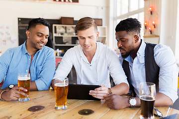Image showing male friends with tablet pc drinking beer at bar