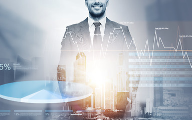 Image showing close up of happy businessman over city background