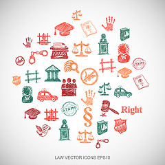 Image showing Multicolor doodles Hand Drawn Law Icons set on White. EPS10 vector illustration.