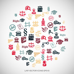 Image showing Multicolor doodles Hand Drawn Law Icons set on White. EPS10 vector illustration.