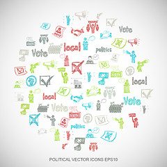 Image showing Multicolor doodles Hand Drawn Politics Icons set on White. EPS10 vector illustration.