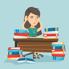 Image showing Desperate student studying with many textbooks.