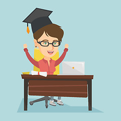 Image showing Girl sitting at the table with laptop and diploma.