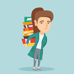 Image showing Student carrying a heavy pile of books on back.