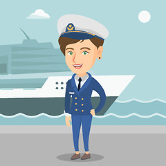 Image showing Caucasian ship captain in uniform at the port.