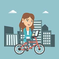 Image showing Business woman riding a bicycle with a laptop.