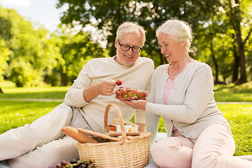 Image showing senior couple with strawberries at picnic in park