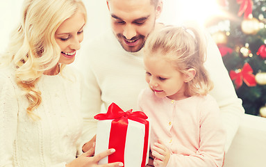 Image showing happy family at home with christmas gift box