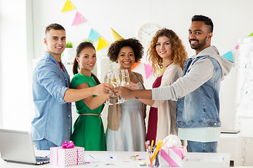 Image showing happy team with champagne at office birthday party