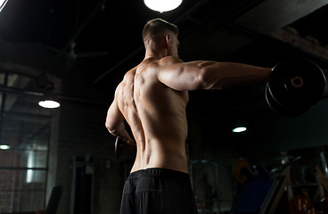 Image showing close up of man with dumbbells exercising in gym