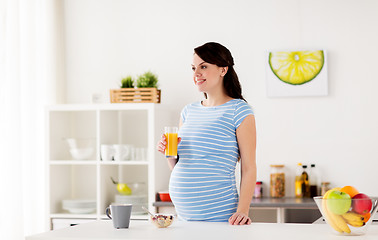 Image showing happy pregnant woman having breakfast at home