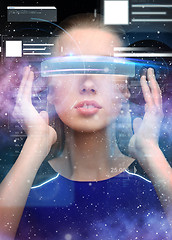 Image showing woman in virtual reality 3d glasses with charts