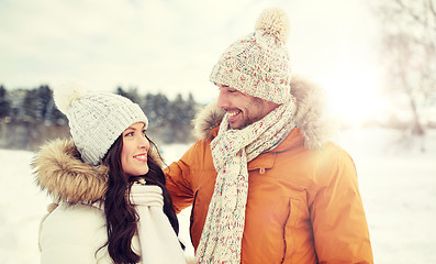 Image showing happy couple walking over winter background