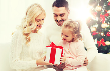 Image showing happy family at home with christmas gift box