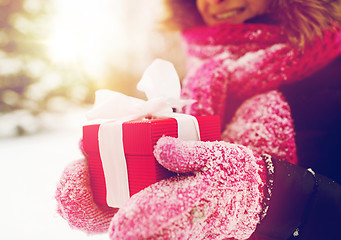 Image showing close up of woman with christmas gift outdoors