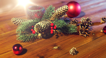 Image showing christmas fir branch decoration and candle lantern