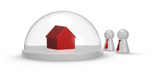 Image showing play figures with tie and house model under glass dome - 3d illustration