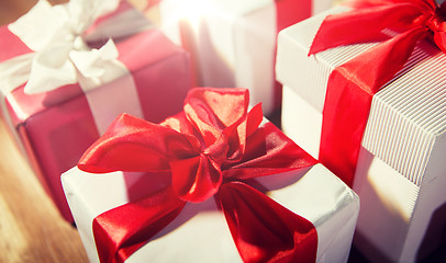 Image showing close up of gift boxes on wooden floor