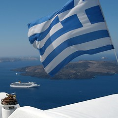 Image showing Greek flag and the sea, Santorini