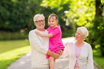 Image showing senior grandparents and granddaughter at park