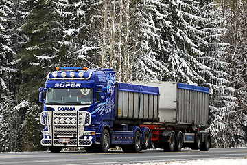 Image showing Customized Super Scania Transport Truck and Winter Forest